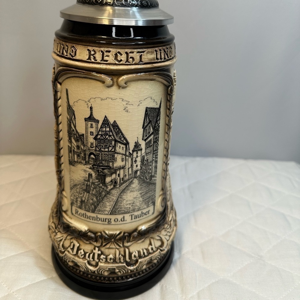 Rothenburg German Beer Stein Rustic Natural With Silver Tone Pewter Cup Vintage